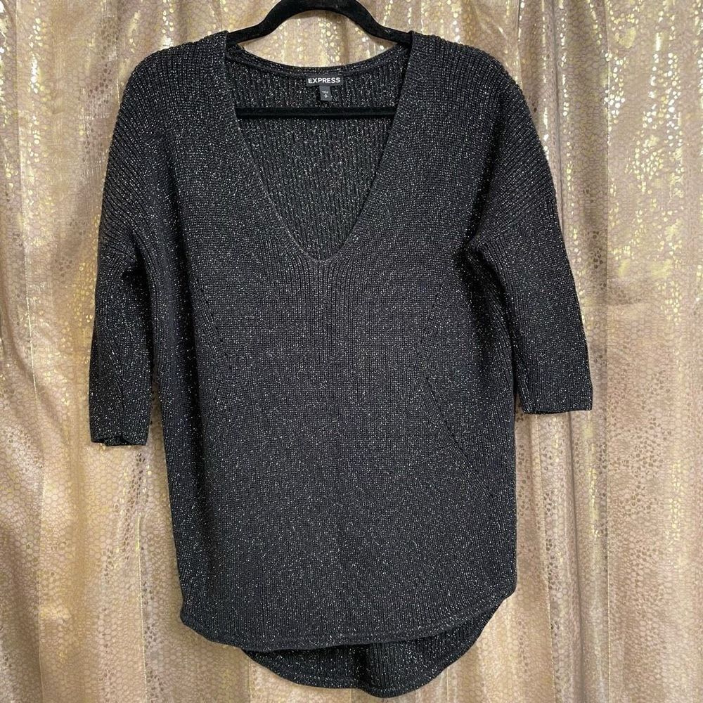 Express Black Metallic Gold Knit 3/4 Sleeve V Neck Cozy Sweater Small